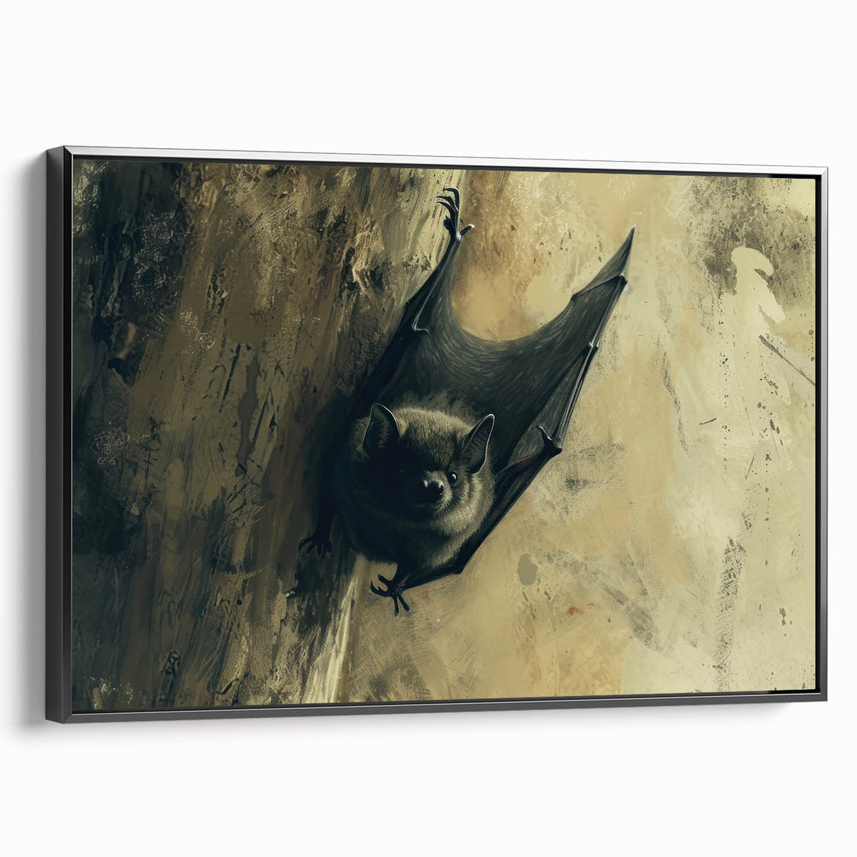 Framed wall art featuring a striking bat design from the Animals A Wild Life collection, showcasing intricate details and a sleek black frame, ideal for nature enthusiasts.
