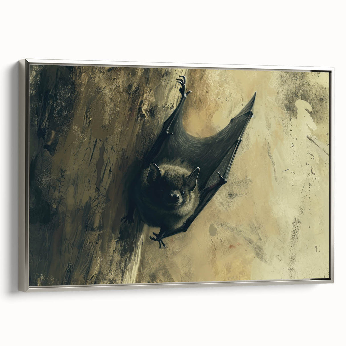 Framed wall art showcasing a detailed silver bat design, part of a wildlife collection, with a sleek side view highlighting its elegant finish and texture. Perfect for nature enthusiasts and modern decor.