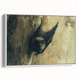 Framed canvas wall art featuring a striking bat design in a wildlife theme, displayed from the side against a white background, showcasing intricate details and vibrant colors. Perfect for nature lovers and home decor enthusiasts.