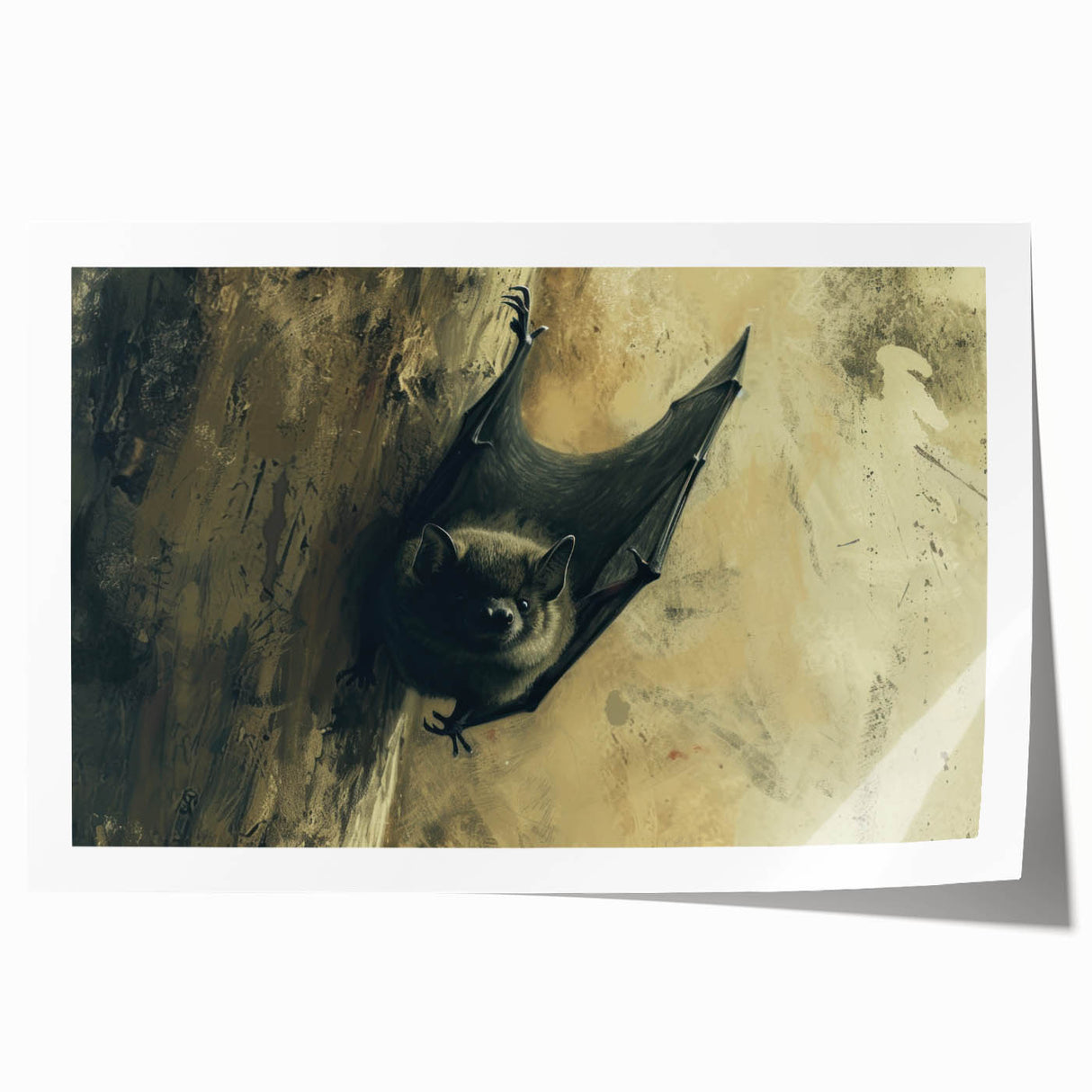 Rolled print of a vibrant bat-themed wall art design, showcasing intricate details and colorful patterns, perfect for wildlife enthusiasts and home decor.