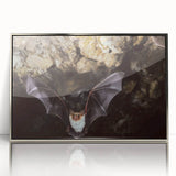 Framed wall art showcasing a striking bat design in a silver acrylic frame, perfect for wildlife enthusiasts and modern decor. Ideal for enhancing interior aesthetics.