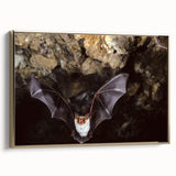 Framed canvas wall art featuring a stylish bat design from the "Animals A Wild Life" collection, with a gold frame and side view display, perfect for modern decor.