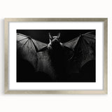 Framed wall art featuring a stylized bat design in a sleek silver frame, ideal for wildlife enthusiasts and modern decor, perfect for enhancing home interiors.
