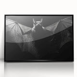 Framed acrylic wall art featuring a detailed bat design in a black frame, ideal for wildlife enthusiasts and home decor. Perfect for adding a unique touch to any room.