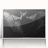 Framed acrylic wall art featuring a striking bat design from the "Animals: A Wild Life" collection, displayed in a sleek white frame, perfect for modern home decor.