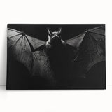 Bat-themed wall art featuring a detailed design on stretched canvas, showcasing vibrant colors and intricate patterns, perfect for wildlife enthusiasts and home decor.
