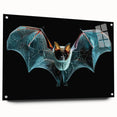 Side view of a vibrant acrylic glass wall art piece showcasing a detailed bat design from the "Animals - A Wild Life" collection, pinned for display.