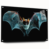 Side view of a vibrant acrylic glass wall art piece showcasing a detailed bat design from the "Animals - A Wild Life" collection, pinned for display.