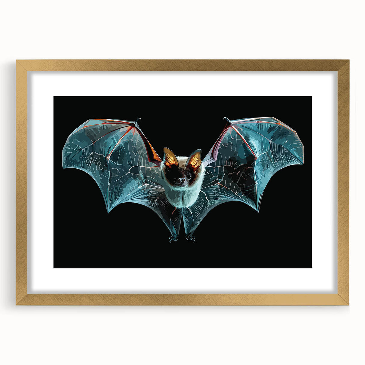 Elegant wall art design featuring a bat motif in a gold frame, complemented by a white mat, showcasing a modern aesthetic perfect for wildlife enthusiasts.
