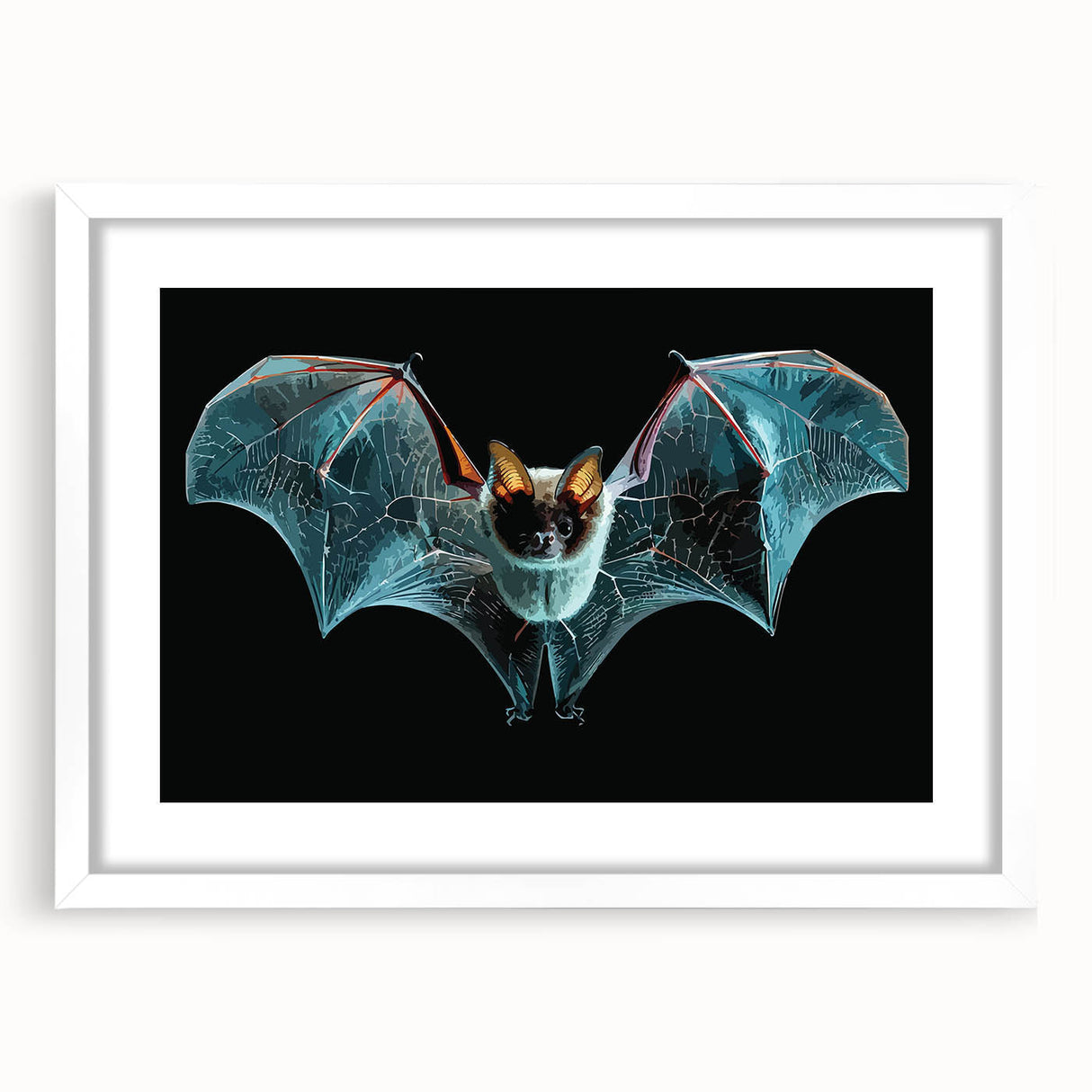 18-inch wall art collection featuring a detailed bat design, framed with a white mat, showcasing intricate artwork perfect for wildlife enthusiasts and home decor.