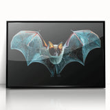 Framed wall art featuring an intricate bat design from a wildlife collection, showcasing vibrant colors and detailed patterns, perfect for animal lovers’ decor.