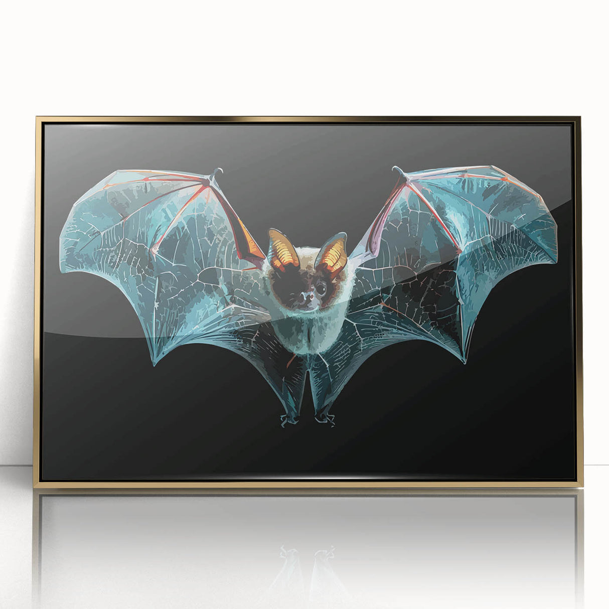 Framed acrylic wall art featuring a bat design from the "Animals: A Wild Life" collection, with a gold frame, perfect for adding a touch of nature-inspired elegance to any space.