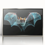 Framed wall art featuring a striking bat design from the 'Animals A Wild Life' collection, showcasing intricate details and a silver-acrylic finish, perfect for nature enthusiasts.