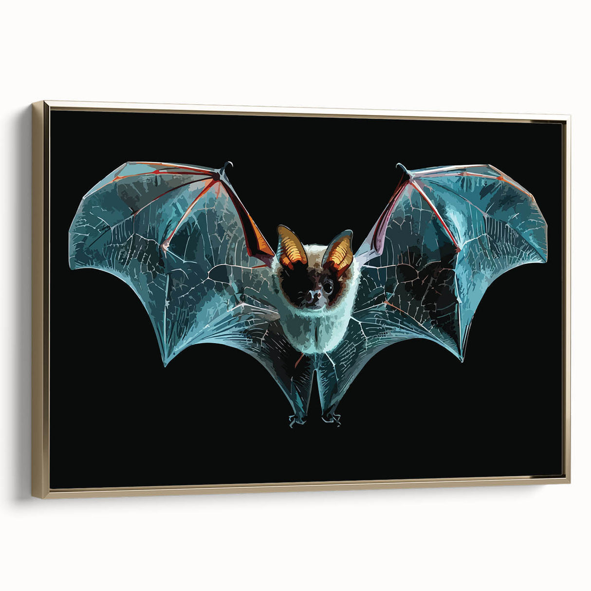 Framed wall art canvas showcasing a gold-accented bat design, highlighting intricate details and vibrant colors, perfect for animal lovers and home decor enthusiasts.