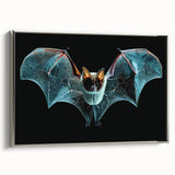 Framed canvas wall art featuring a detailed bat design in a silver frame, showcasing intricate textures and colors, perfect for wildlife enthusiasts and modern decor.