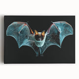 Stretched canvas wall art featuring a detailed bat design, showcasing intricate black and gray patterns against a vibrant background, ideal for wildlife enthusiasts.