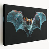 Stretched canvas wall art featuring a vibrant bat design, showcasing intricate details and bold colors, perfect for wildlife enthusiasts and home decor.