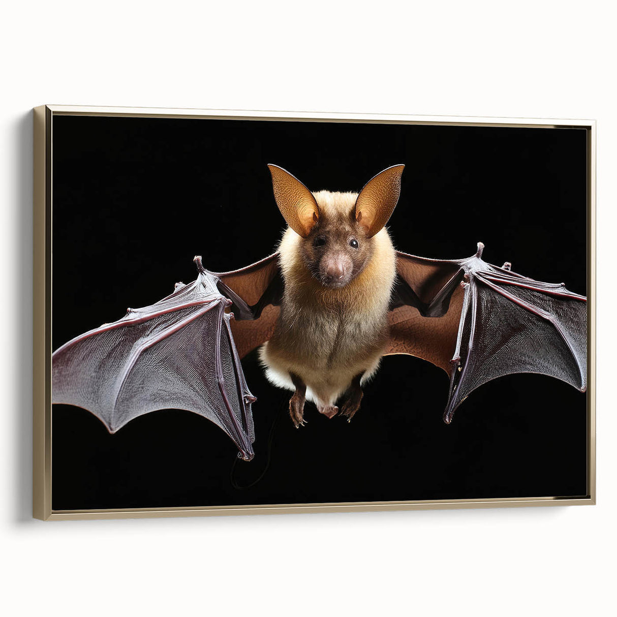 Framed wall art featuring a striking bat design, showcasing intricate details in gold and black colors, perfect for wildlife enthusiasts and modern decor.
