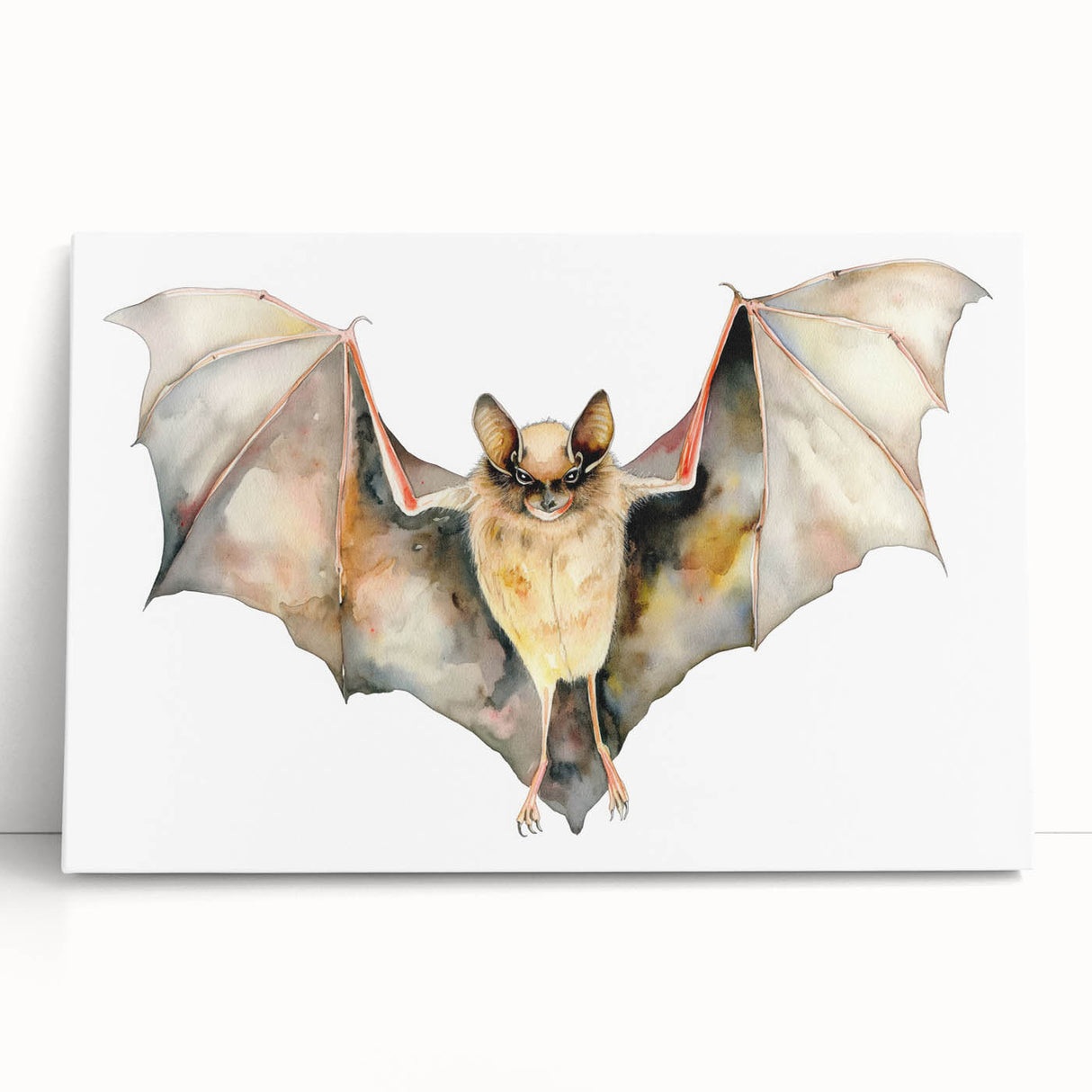 Stretched canvas wall art featuring a detailed bat design in earthy tones, showcasing intricate patterns and textures, perfect for animal lovers and home decor enthusiasts.