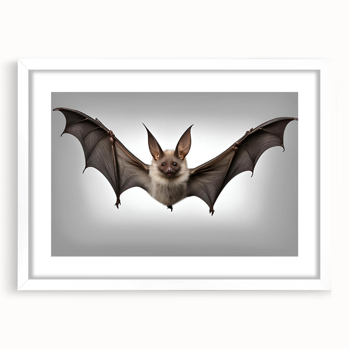 Framed wall art featuring a detailed bat design from the 'Animals A Wild Life' collection, presented in a sleek white frame with a mat, ideal for nature-themed decor.