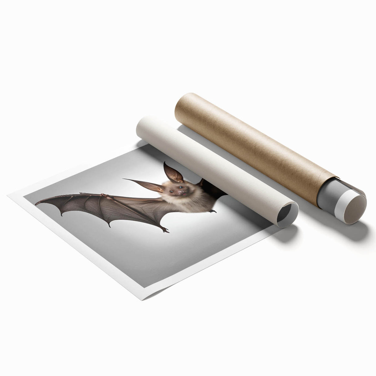Rolled print showcasing a whimsical bat design from the Animals A Wild Life collection, featuring vibrant colors and intricate details, ideal for unique wall decor.