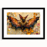 Framed wall art collection featuring a detailed bat design on a textured background, encased in a sleek black frame with a mat, ideal for wildlife enthusiasts.