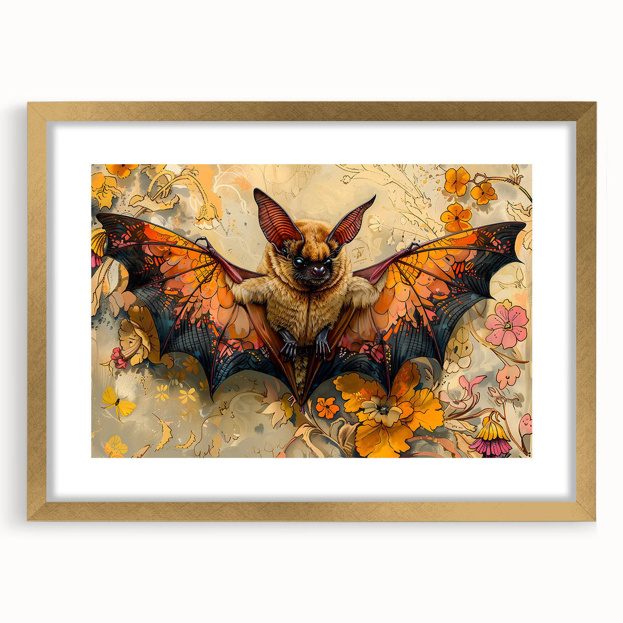 Elegant wall art featuring a unique bat design in a gold frame with a mat, showcasing intricate details and a modern aesthetic, perfect for wildlife enthusiasts.