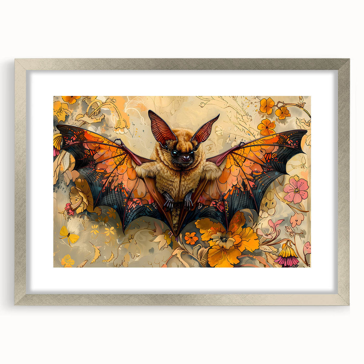 Framed wall art featuring a detailed bat design in a silver frame with a mat, showcasing intricate wildlife illustration. Perfect for nature lovers' decor.