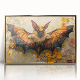 Framed wall art featuring a striking bat design with intricate details, set against a gold-acrylic background, perfect for wildlife enthusiasts and home decor.