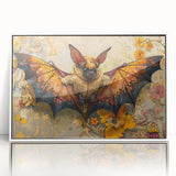 Framed acrylic wall art showcasing a bat design from the "Animals A Wild Life" collection, featuring a white frame and vibrant colors, ideal for nature enthusiasts.