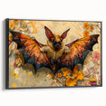 Framed wall art featuring a unique bat design from the 'Animals A Wild Life' collection, displayed with a sleek black frame and showcasing intricate details against a textured canvas surface. Ideal for enhancing home decor with a touch of wildlife artistry.