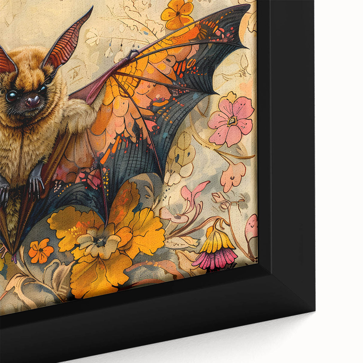 Close-up view of a framed canvas wall art featuring a detailed bat design from the "Animals A Wild Life" collection, showcasing vivid colors and intricate textures.