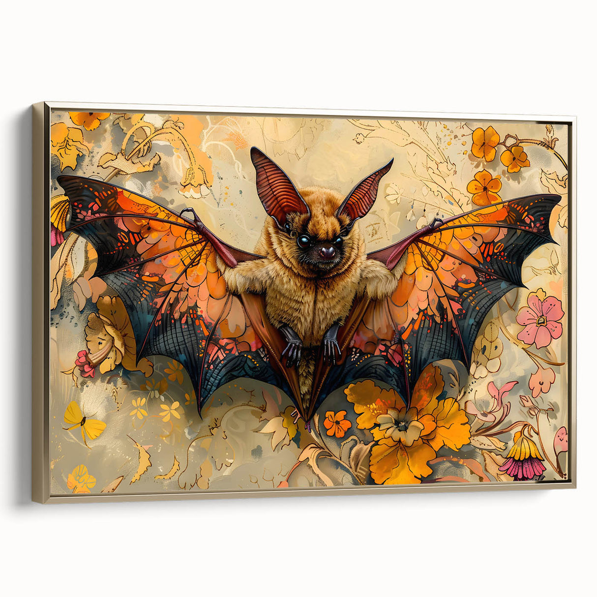 Framed wall art showcasing a striking bat design in gold tones, set against a textured canvas background, perfect for wildlife enthusiasts and modern decor.