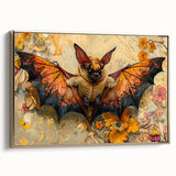 Framed wall art showcasing a striking bat design in gold tones, set against a textured canvas background, perfect for wildlife enthusiasts and modern decor.