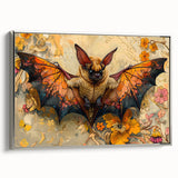 Framed canvas wall art featuring a detailed bat design, showcased in a silver frame, highlighting intricate patterns and textures, ideal for wildlife enthusiasts.