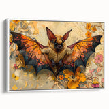 Framed canvas wall art featuring a striking bat design from the "Animals A Wild Life" collection, showcasing intricate details and a sleek white frame, perfect for modern decor.