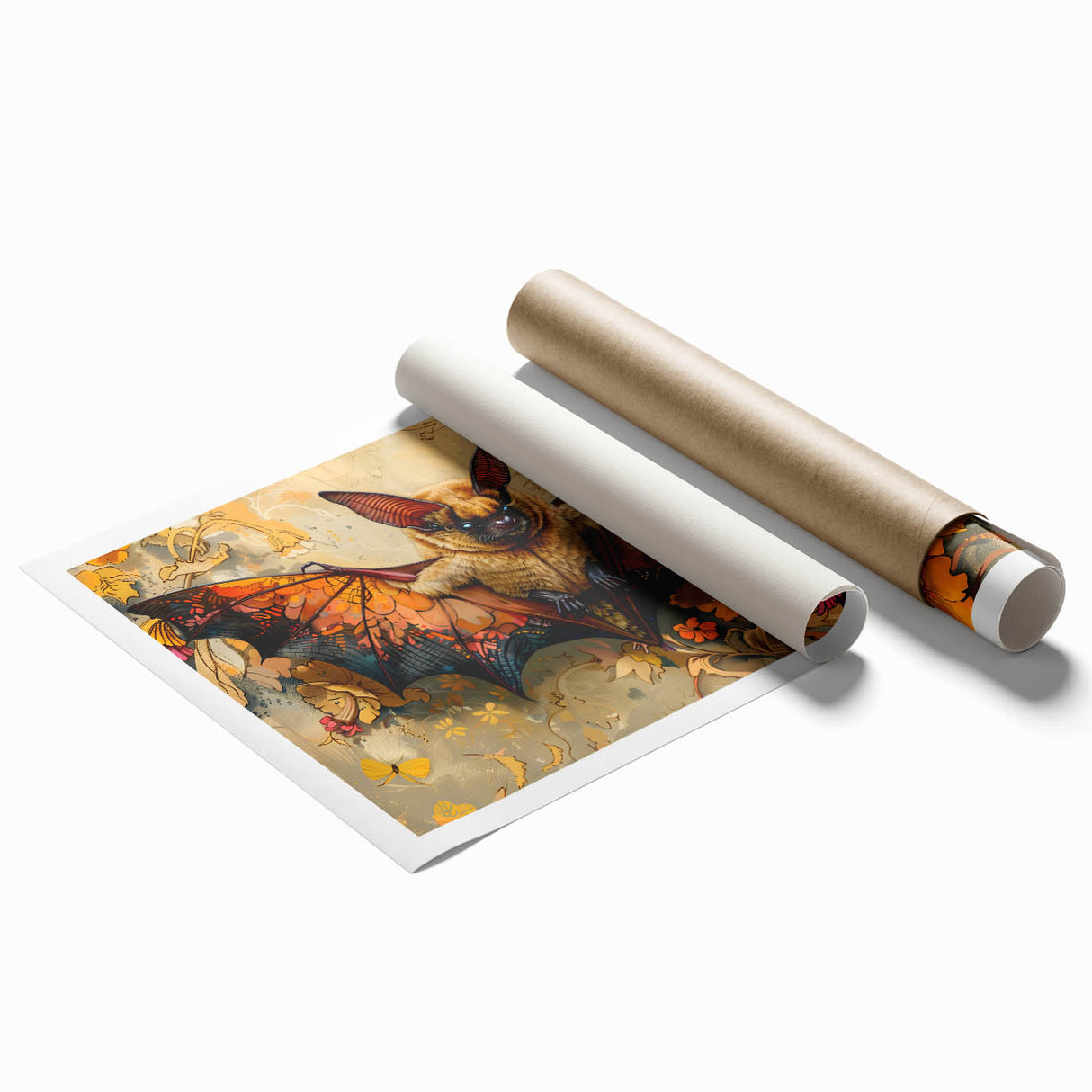 Rolled print showcasing a vibrant bat design from the "Animals of the Wild" wall art collection, featuring intricate details and rich colors, perfect for wildlife enthusiasts.