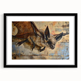 Black-framed wall art showcasing a bat design, part of a four-piece wildlife collection, featuring intricate details and vibrant colors, perfect for animal lovers' decor.