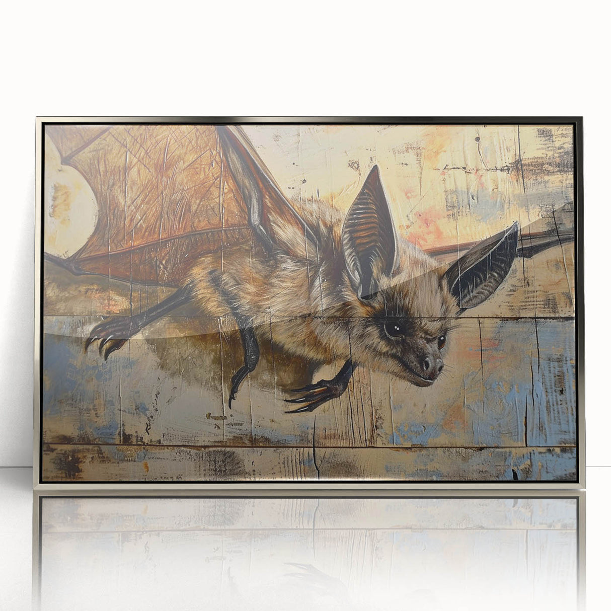 Framed wall art showcasing a detailed bat design from the "Animals A Wild Life" collection, featuring an elegant silver border and acrylic front for a modern aesthetic.