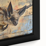Close-up of a framed canvas art piece showcasing a vibrant bat design, featuring intricate details and rich colors, perfect for wildlife enthusiasts and home decor.