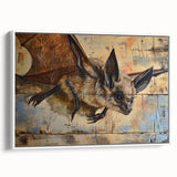 Framed canvas artwork featuring a bat design from the "Animals of the Wild" collection, showcasing intricate details and a white frame, perfect for nature-themed decor.