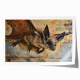 Bat design wall art print showcasing intricate details and vibrant colors, rolled and packaged in a protective cardboard tube for easy display and storage.