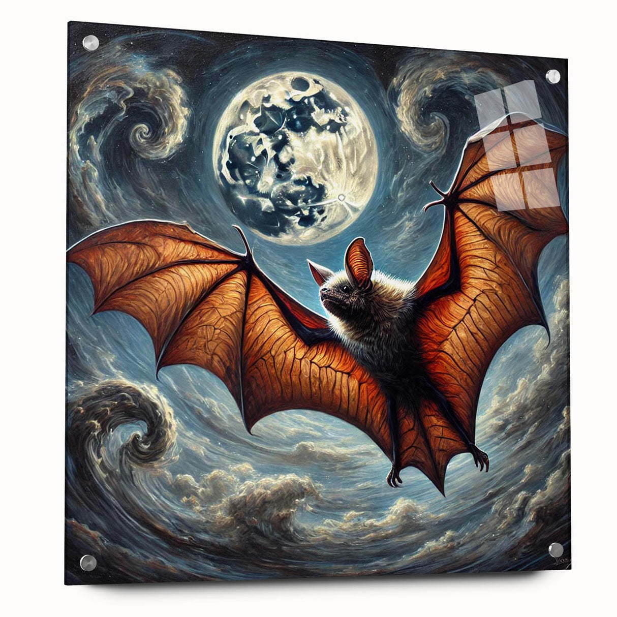 Acrylic glass wall art featuring a vibrant bat design in a wild life theme, showcasing intricate details and bold colors, perfect for animal lovers' decor.