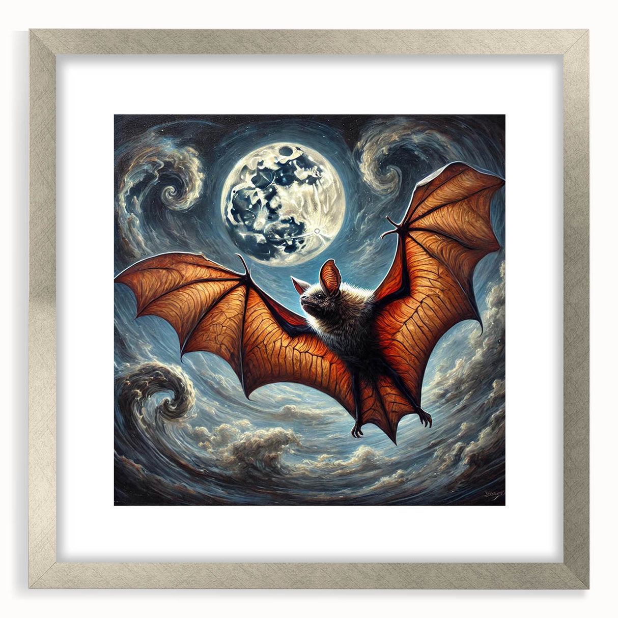 Framed wall art collection featuring a silver mat border and a striking bat design, perfect for wildlife enthusiasts. The artwork adds a modern touch to any room.
