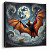 Framed wall art featuring a striking bat design in a black frame, showcasing an intricate, colorful illustration against a light background, perfect for wildlife-themed decor.