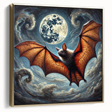 Framed canvas wall art showcasing a stylish bat design in gold tones, perfect for wildlife enthusiasts. The piece adds elegance to any decor, highlighting nature's beauty.