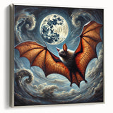 Framed wall art featuring a striking bat design from the "Animals A Wild Life" collection, set against a sleek silver frame, showcasing intricate details and vibrant colors. Perfect for animal lovers and modern decor enthusiasts.