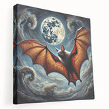 Stretched canvas wall art featuring a vibrant bat design set against a colorful background, showcasing intricate details and textures, perfect for wildlife enthusiasts.