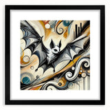 Black-framed wall art collection featuring a whimsical bat design, perfect for animal lovers and Halloween decor, set against a sleek mat background.