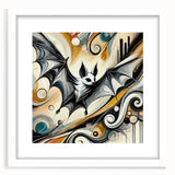 Wall art collection featuring a bat design in a sleek white frame with a mat. The artwork showcases intricate details and a modern aesthetic, perfect for wildlife enthusiasts and home decor lovers.